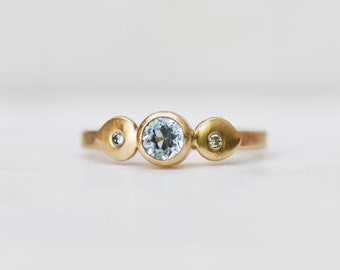 Aquamarine Diamond SOLID Gold Ring, Handmade Petal Ring, Alternative Engagement Ring, Gold Floral Ring, Wedding Jewelry