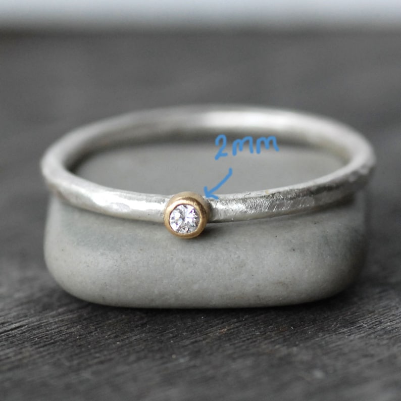 Tiny Minimalist Diamond Stacking Ring, Solid 18k Gold and Silver Stack Ring, April Birthstone, Simple Diamond Ring image 2