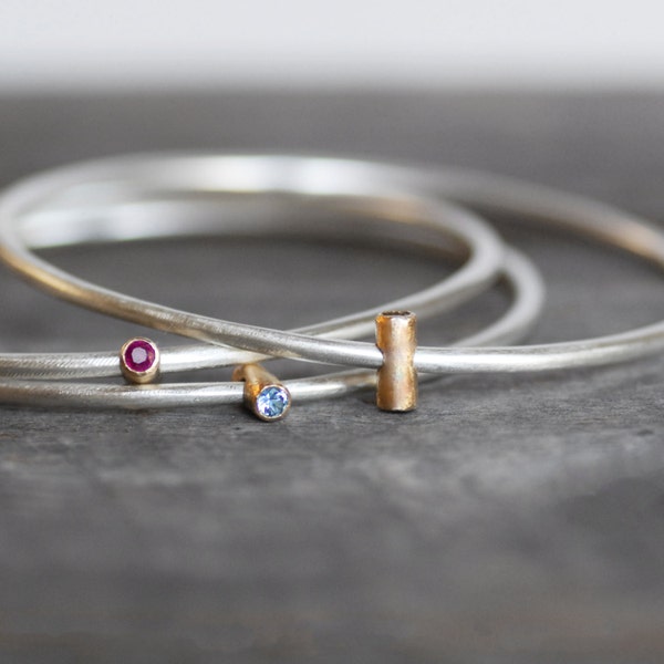 Ruby Bangle Bracelet - Spinning Gemstone Gold and Silver Double Sided Tube Bangle