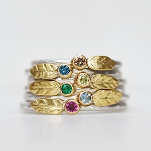 Birthstone Leaf Stacking Ring, Handmade Solid 18k Gold and Sterling Gemstone Stacking Ring, Gemstone Floral Ring