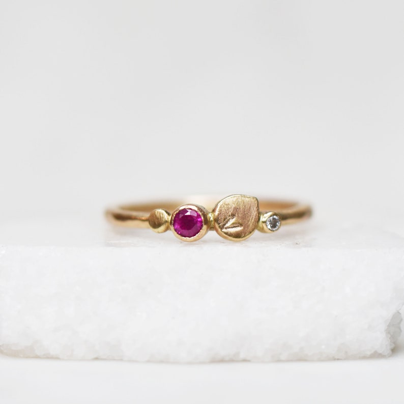 Ruby and Diamond Petal Stacking Ring, Solid 14k Gold Ruby and Diamond Ring, Botanical Kaleidoscope Ring, April July Birthstone, Multi Stone image 1