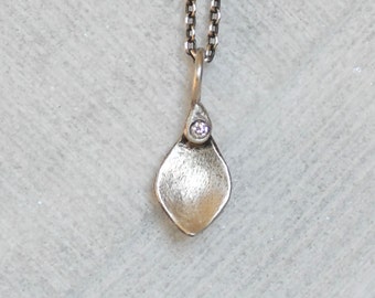 Diamond Lotus Petal Necklace, Sterling Silver Petal Pendant, Diamond tear drop Necklace, Silver Leaf Charm, Gifts for Her, Gifts For Women,