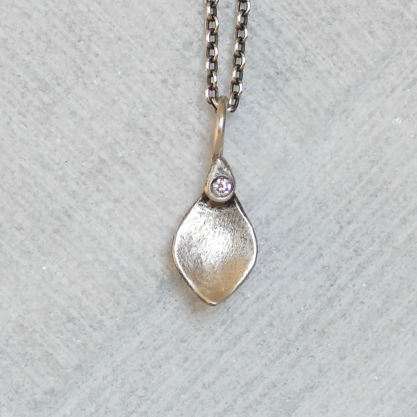 Diamond Lotus Petal Necklace, Sterling Silver Petal Pendant, Diamond tear drop Necklace, Silver Leaf Charm, Gifts for Her, Gifts For Women,