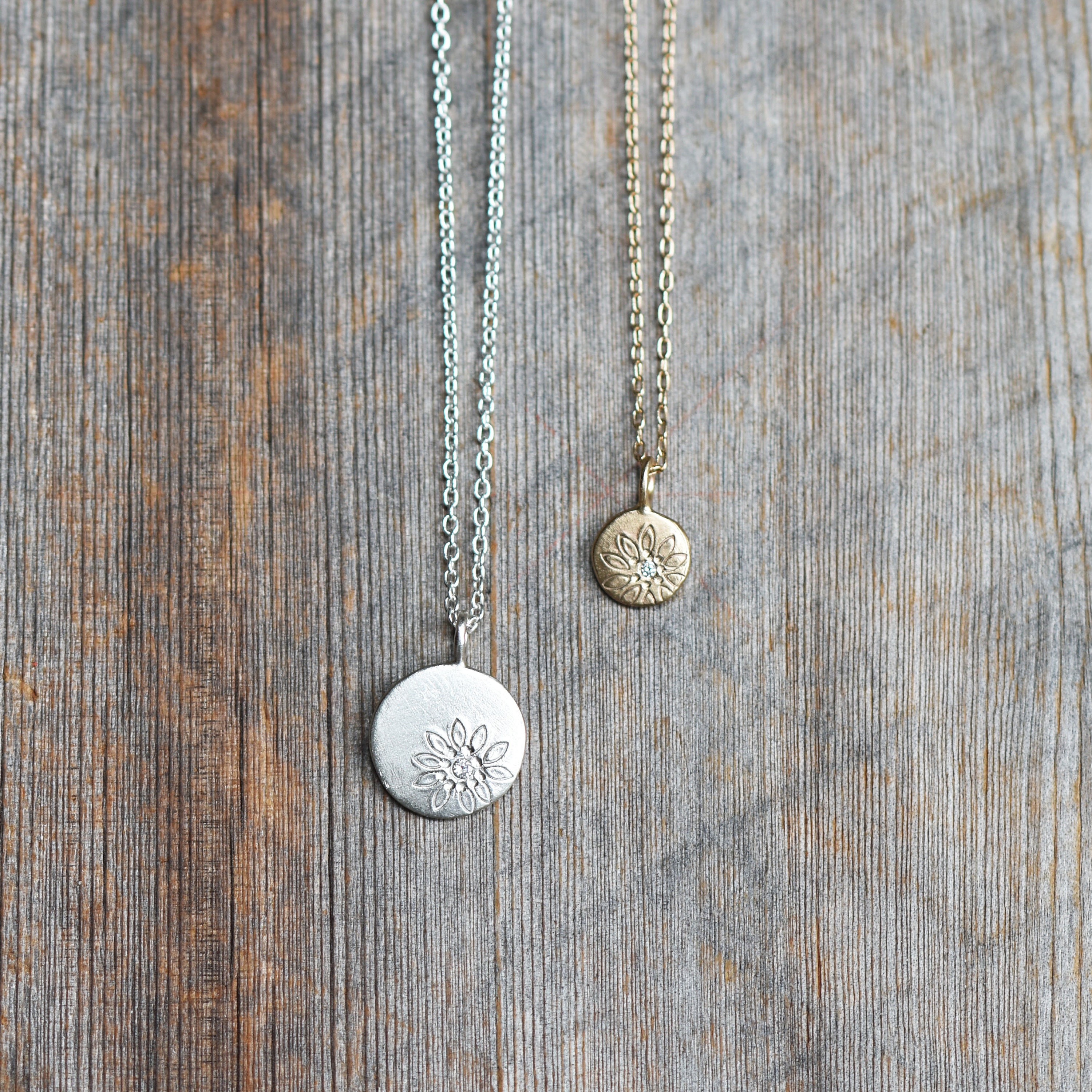 Solid Gold Diamond Daisy Necklace: 14k Wildflower Coin
