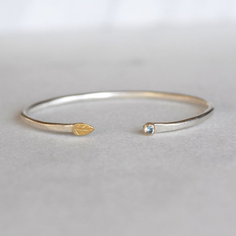 Aquamarine Cuff Open Cuff Sterling and 18k Gold Skinny Leaf | Etsy