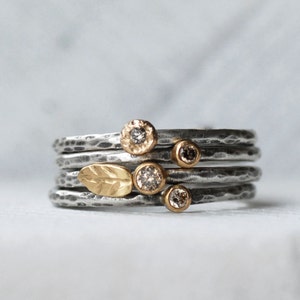Tiny Diamond Leaf Wildflower Ring Set, Brown Diamond Solid 18k Gold and Silver Stack Rings, Set of 4 Diamond Stack Rings