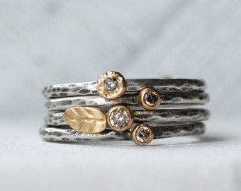 Tiny Diamond Leaf Wildflower Ring Set, Brown Diamond Solid 18k Gold and Silver Stack Rings, Set of 4 Diamond Stack Rings