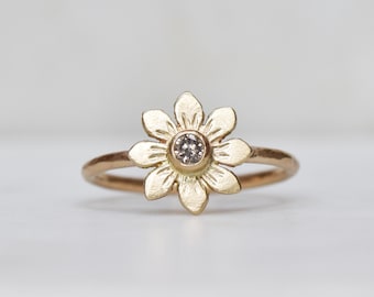 SOLID 14k Gold Flower Ring with Brown or White Diamond Center, Handmade Floral Ring, Bouquet Ring, Large Gold Flower Ring, Botanical Jewelry