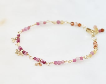 Reserved for Linda, Solid 14k Gold Tourmaline Garnet Rose Quartz Flower Bracelet, Multi Gemstone Station Bracelet, Precious Stone Bracelet