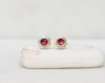 Rose Cut Garnet Sunburst Post Earrings, Handmade Solid 14k Gold and Sterling Studs, Small Garnet Studs, Minimalist Posts, January