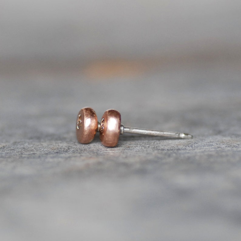 Tiny Diamond Gold Pebble Earrings, Rose Gold Diamond Pebble Post Earrings, Gold Disc Diamond Earrings, Recycled Gold earrings, Bride Jewelry image 2