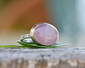 Rose Quartz Nectar Cocktail Ring in Sterling Silver and 14k Gold - Large Deep Dusty Pink Ring - Size 7.5