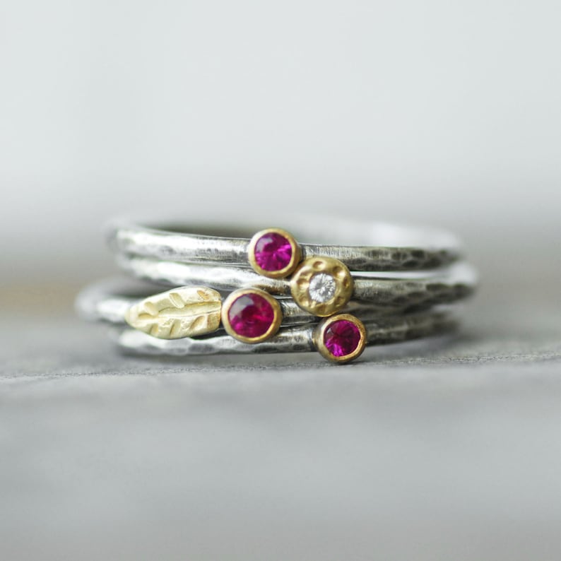 Ruby and Diamond Wildflower Stacking Ring Set, Set of Four SOLID 18k Gold and Silver Leaf Rings, Set of Birthstone image 4