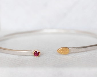 Gemstone Leaf Cuff, Ruby Cuff, Sapphire Cuff, Diamond Cuff, Sterling and Solid 18k Gold, Leaf Bracelet , Birthstone Jewelry, Gifts for Mom