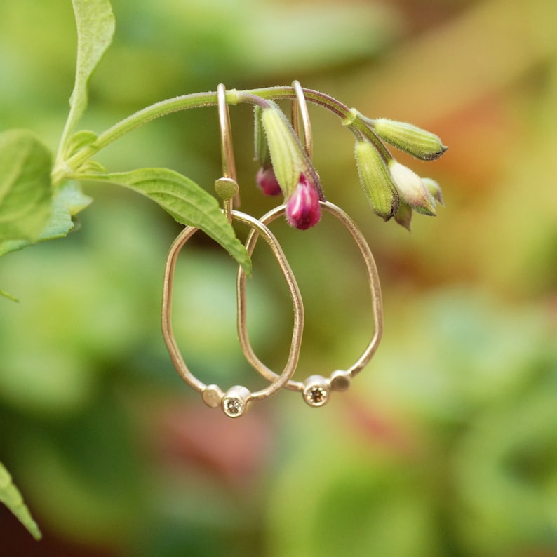 May include: A pair of gold hoop earrings with a small diamond accent on each hoop. The earrings are hanging from a green plant.
