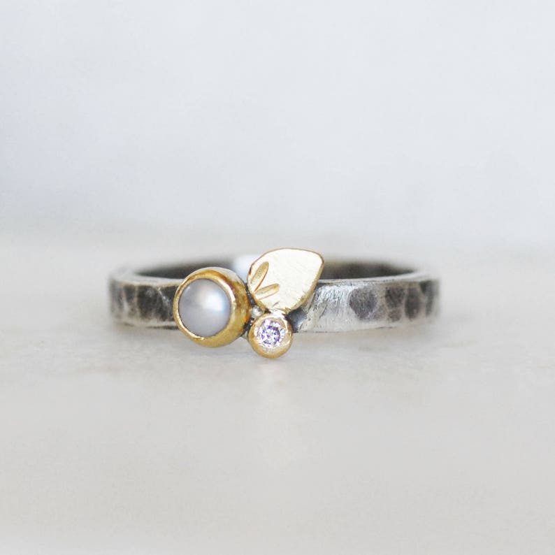 Pearl and Diamond Flower Petal Ring, Solid 18k Gold and Sterling Silver Flower Stacking Ring, Diamond Bloom Ring, Floral Stack Ring image 2