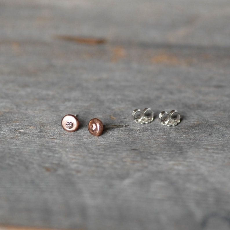 Tiny Diamond Gold Pebble Earrings, Rose Gold Diamond Pebble Post Earrings, Gold Disc Diamond Earrings, Recycled Gold earrings, Bride Jewelry image 3