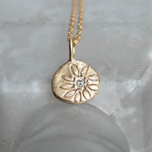 Solid Gold Diamond Daisy Necklace, Wildflower Coin Pendant, Small Daisy Pebble Necklace, Gifts for Her, April Birthstone, Nature Jewelry image 5