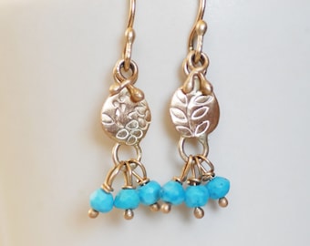 Small 14k Gold Turquoise Dangle Earrings -Succulent Earrings -  Eco-Friendly Recycled Gold