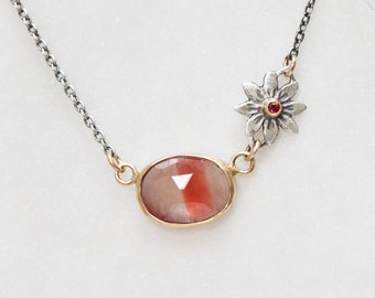 Oregon Sunstone Garnet Flower Necklace in SOLID 14k Gold and Sterling Silver, Handmade Sunstone Charm Necklace, Rose Cut Gemstone Necklace