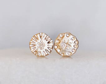 Mismatched Solid 14k Gold Post Earrings, Handmade Gold Flower Studs, Eco Gold Pebble Posts, Dainty Floral Earrings, Gold Flower Disc Posts