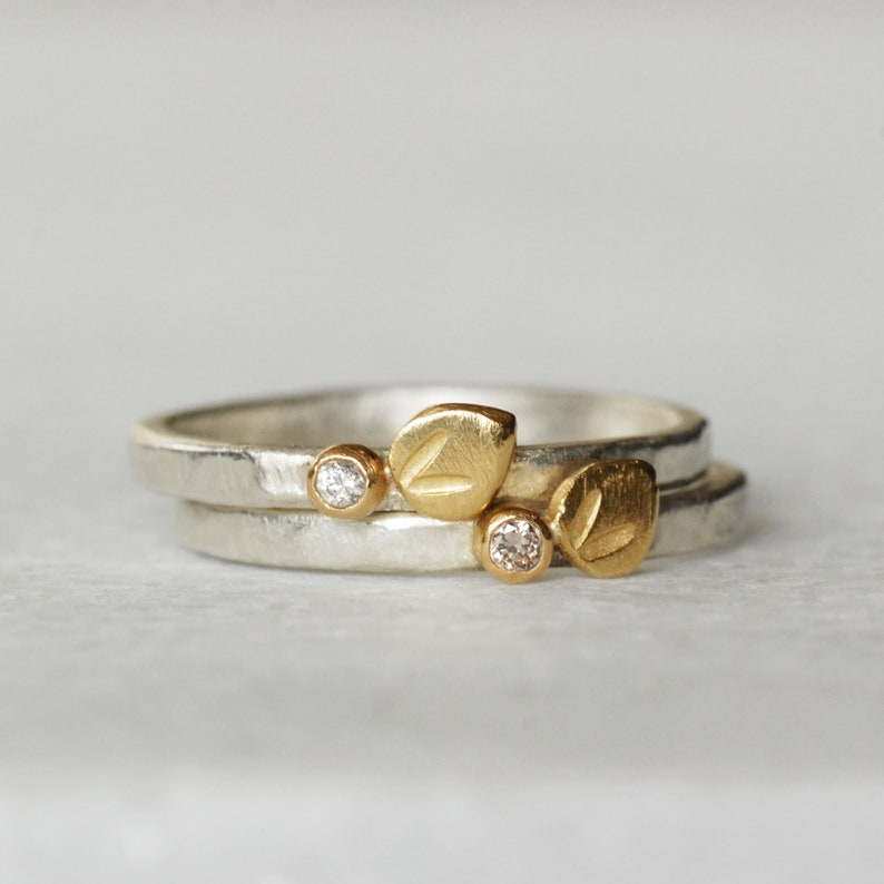 Tiny Diamond Petal Stacking Ring SOLID 18k Gold and Silver - Etsy