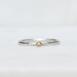 Tiny Solid Gold Wildflower Seed Ring, 18k Gold and Sterling Silver Stacking Ring, Hammered Band, Gold Flower Stack Ring, Gifts for Her
