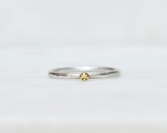 Tiny Solid Gold Wildflower Seed Ring, 18k Gold and Sterling Silver Stacking Ring, Hammered Band, Gold Flower Stack Ring, Gifts for Her