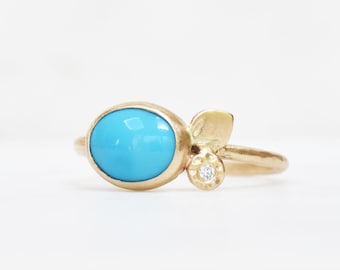 Turquoise Diamond Bouquet Ring in SOLID 14k Yellow Gold, Turquoise Flower Petal Ring, Gemstone Bloom Ring, Handmade Petal Cocktail Ring