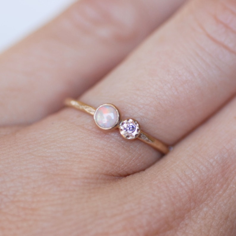 Opal and Diamond Stacking Ring Skinny 1.3mm 14k Gold Opal Diamond Stack Ring Tiny Flower Ring