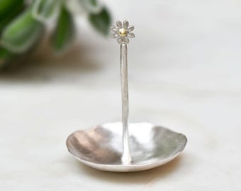 Sterling Silver Ring Holder Dish with 18k Gold Flower Center, Handmade Bridal Ring Dish, Heirloom Jewelry Catchall