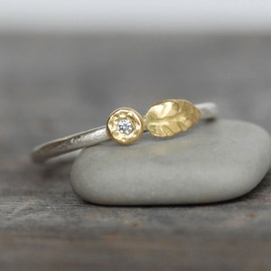 Tiny Diamond Flower SOLID Gold Stacking Ring, 18k Gold and Silver Leaf Ring, Diamond Wildflower Ring