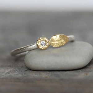 Diamond Flower Ring: 18k Gold Leaf, Sterling Silver Stacking Ring