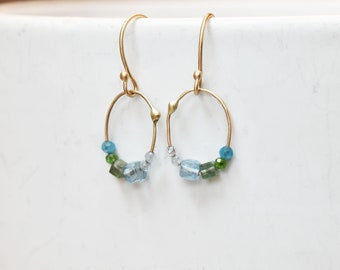 Aquamarine Fluorite and Apatite Chrome Diopside Confetti Earrings, Natural Gemstone Drop Bead Earrings, Handmade Gold Earrings, Artisan Gold