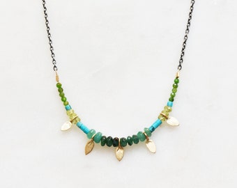 Gemstone Garden Leaf Necklace in Solid 14k gold, Emerald Peridot Kingman Turquoise Chrome Diopside Necklace, High End Fine jewelry