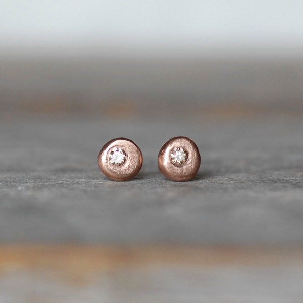 Tiny Diamond Gold Pebble Earrings, Rose Gold Diamond Pebble Post Earrings, Gold Disc Diamond Earrings, Recycled Gold earrings, Bride Jewelry