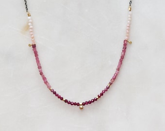 Tourmaline Flower Garden Necklace, 14k Gold, Garnet & Rose Quartz