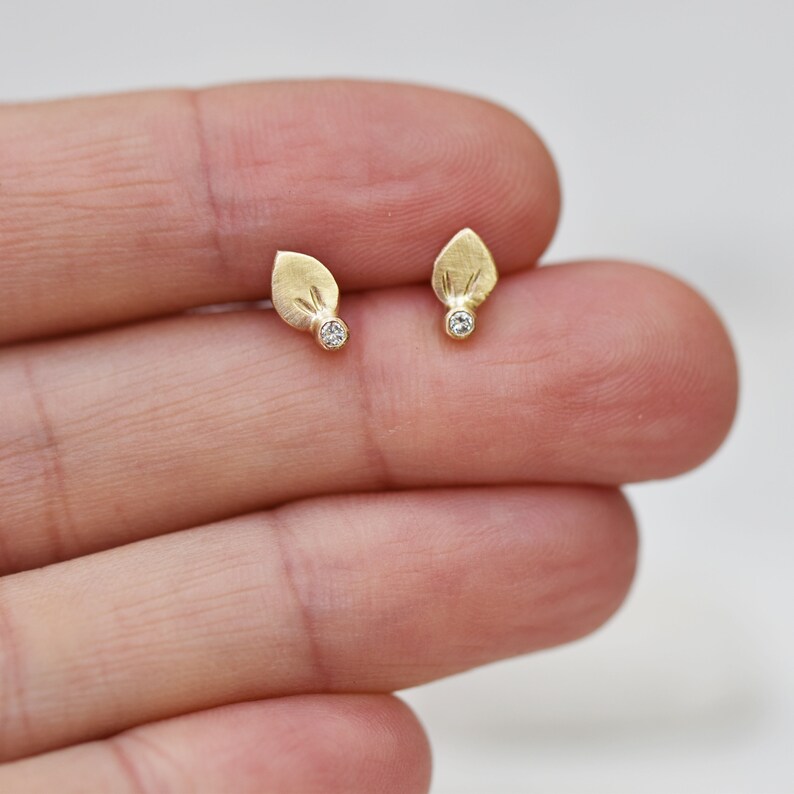 Tiny Diamond Petal Earrings 14k Gold Diamond Post Earrings Etsy