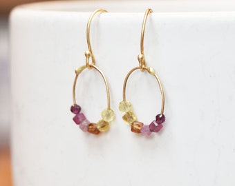 Tourmaline Garnet Citrine Confetti Earrings, Natural Gemstone Drop Bead Earrings, Handmade Gold Drop Earrings, Artisan Gold, Pink and Gold