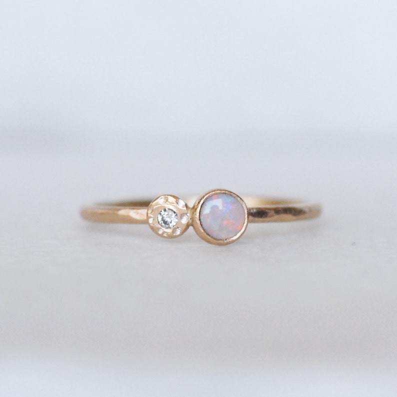 Opal and Diamond Stacking Ring Skinny 1.3mm 14k Gold Opal Diamond Stack Ring Tiny Flower Ring