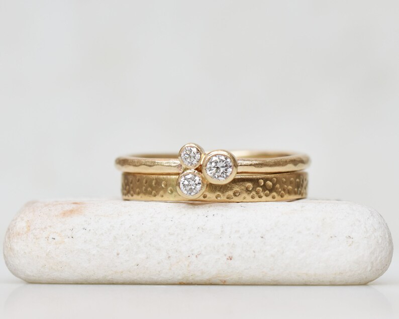 Diamond Trio Wedding Ring, Diamond Stardust Wedding Ring, Solid 14k Gold Wedding Ring, Diamond Cluster Ring, April Birthstone, Fine Jewelry image 2