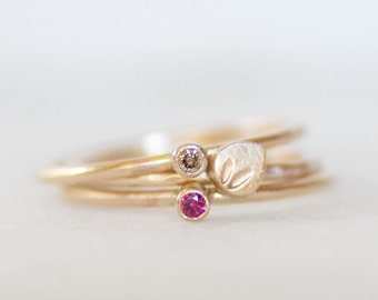 Diamond Ruby Flower Petal Rings, Thin SOLID Gold Ruby and Brown Diamond Stacking Rings, Set of 3 Handmade Flower Rings, Gold Floral Rings