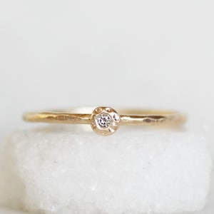 Skinny Mini Diamond Stacking Ring, Tiny Diamond Flower Ring, Solid Gold Handmade Ring, Minimalist Diamond Solitaire, Thin Stack Band, Nature