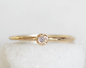 Skinny Mini Diamond Stacking Ring, Tiny Diamond Flower Ring, Solid Gold Handmade Ring, Minimalist Diamond Solitaire, Thin Stack Band, Nature