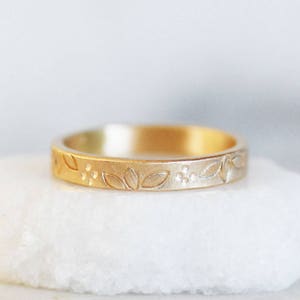 Gold Patterned Wedding Band, 3mm Wide Garden Band, choose yellow or rose gold, Handmade Gold Wedding Ring, Floral Gold Ring, Botanical