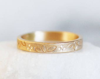 Gold Patterned Wedding Band, 3mm Wide Garden Band, choose yellow or rose gold, Handmade Gold Wedding Ring, Floral Gold Ring, Botanical