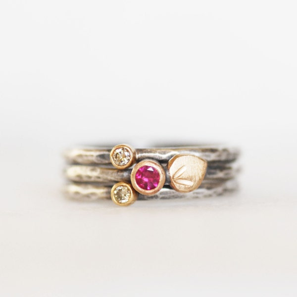 Ruby and Diamond Flower Petal Stacking Rings, SOLID 18k Gold and Sterling Silver Stacking Rings, Set of 3 Floral Rings, July Birthstone