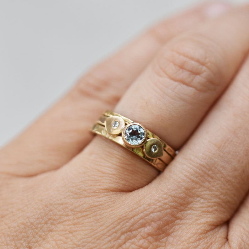 Aquamarine Diamond SOLID Gold Ring, Handmade Petal Ring, Alternative Engagement Ring, Gold Floral Ring image 5