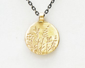 Solid Gold Coin Necklace, Meadow Pattern Coin Necklace, 14k Gold and Sterling Disc Necklace, Nature Inspired Floral Necklace, Gifts for Her