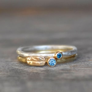 Tiny Blue Diamond Ring, Solid 18k Gold and Silver Stack Ring, Minimalist Solitaire Ring, April Birthstone, Dainty Diamond Stack Ring image 3